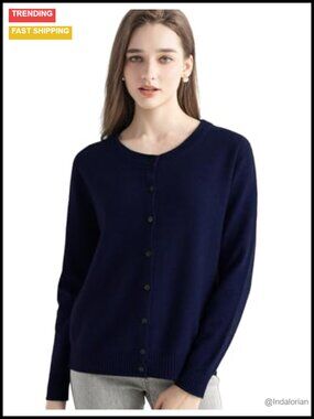 100% Pure Cashmere Cardigan Crew Neck Long Sleeve Warm Knit Sweater